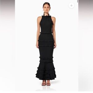 elliatt theatrical black LBD ruffle detail mock neck mermaid maxi gown dress XS